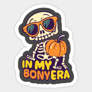 In My Bony Era Tee Halloween Skeleton with Glasses holding Pumpkin Sticker
